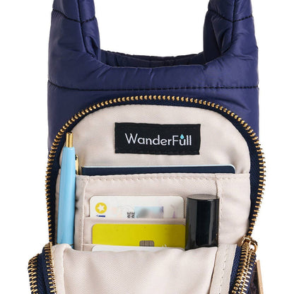 WanderFull® HydroBag® – Original Puffer Water Bottle Bag - navy with Navy w/ metallic gold strip