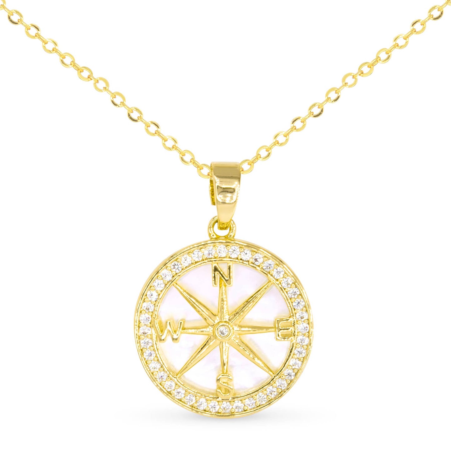 Sparkling CZ & Mother of Pearl Compass Pendant Necklace