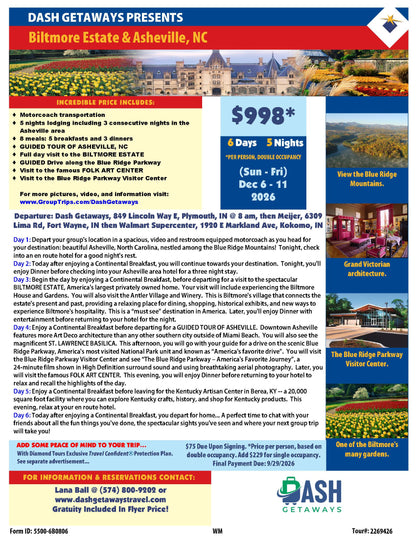 Dec 6-11, 2026 -Christmas Time at The Biltmore Estate & Asheville, NC. Pick Up: Plymouth, Ft. Wayne, Kokomo