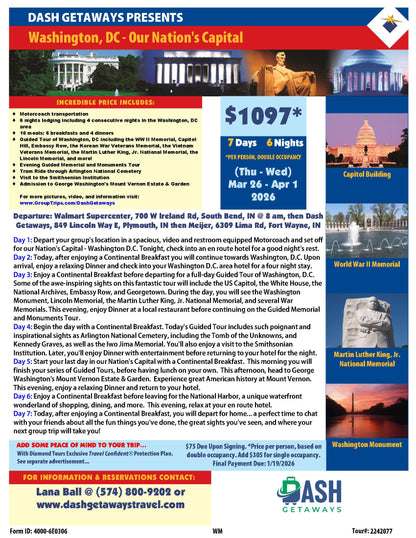 New Departure Locations Added! Cherry Blossom Time in Washington DC - March 26-April 1, 2026